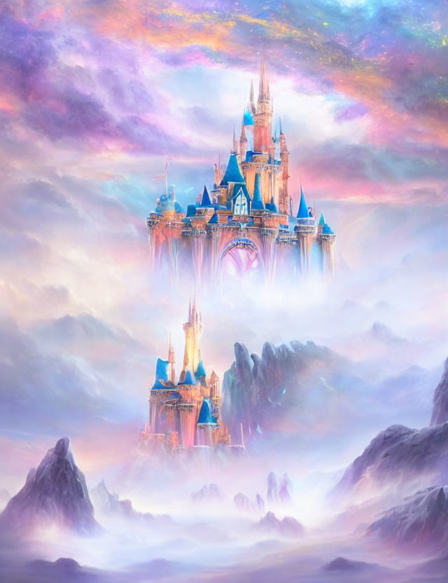 Fantastical castle floating in vibrant sky above colorful clouds