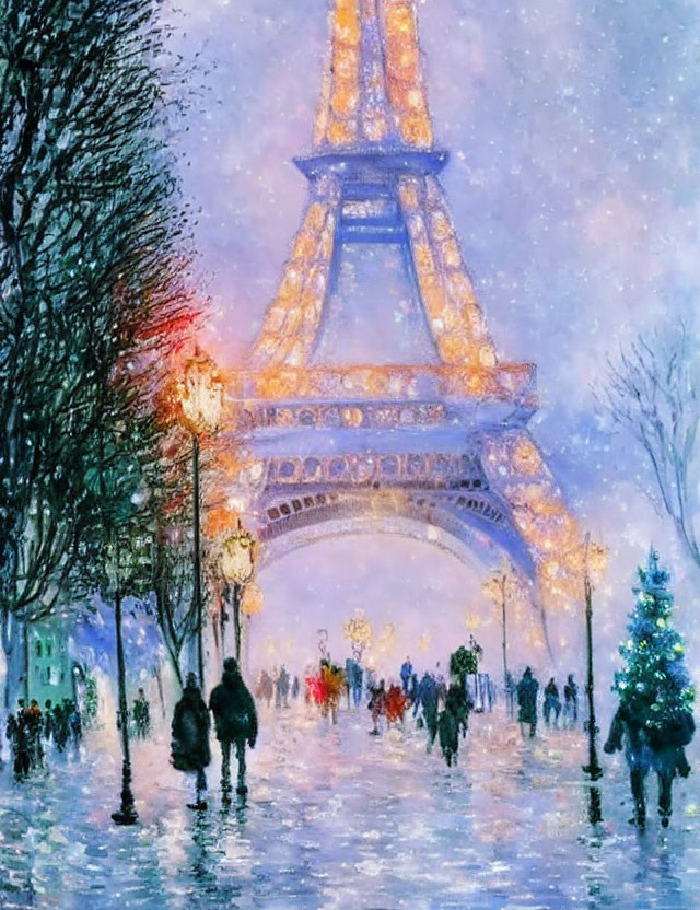 Impressionistic painting of Eiffel Tower in snowy evening