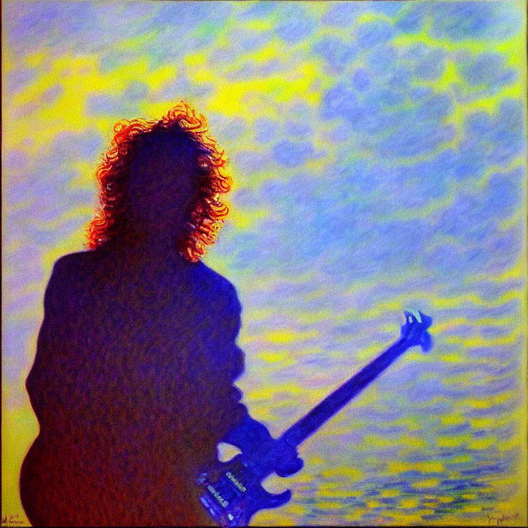 Curly-Haired Figure with Guitar in Vibrant Sky Background