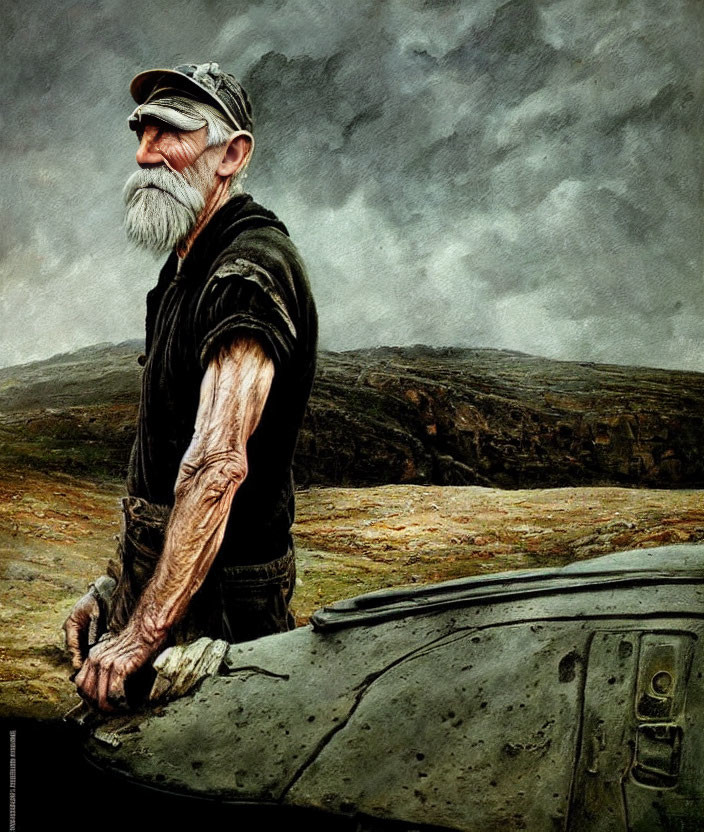 Elderly bearded man in cap leans on old car in barren landscape