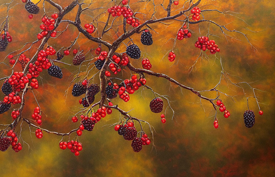 Red Berries and Blackberries on Textured Autumnal Background