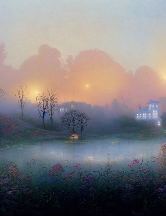 Twilight misty pond with lush flora and distant house lights