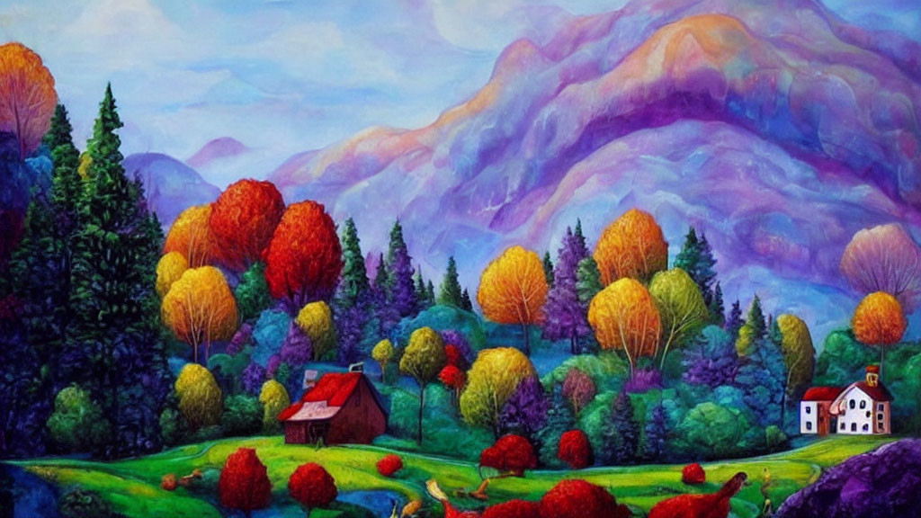 Colorful Landscape Painting with Forest, House, Hills, and Purple Mountains