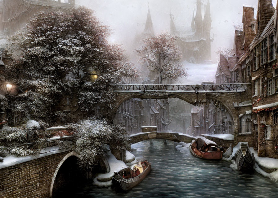 Snowy Canal Scene with Boats, Stone Bridges, Traditional Buildings, and Cathedrals