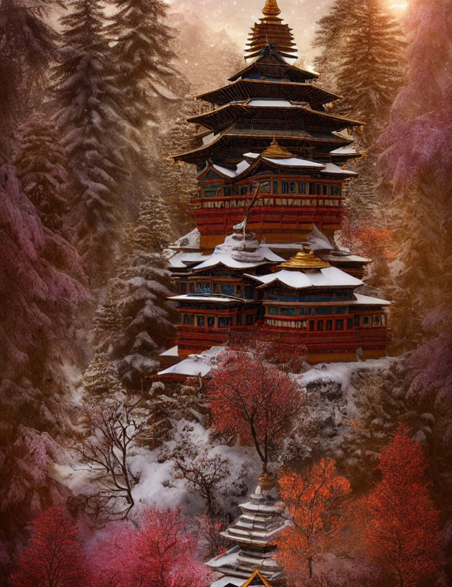 Snow-covered trees surround a glowing pagoda temple with vibrant red foliage