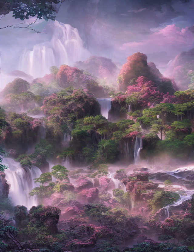 Mythical landscape with lush greenery, pink flora, and cascading waterfalls