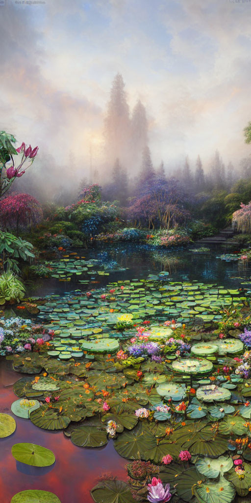 Tranquil pond with lily pads, blooming flowers, and misty ambiance