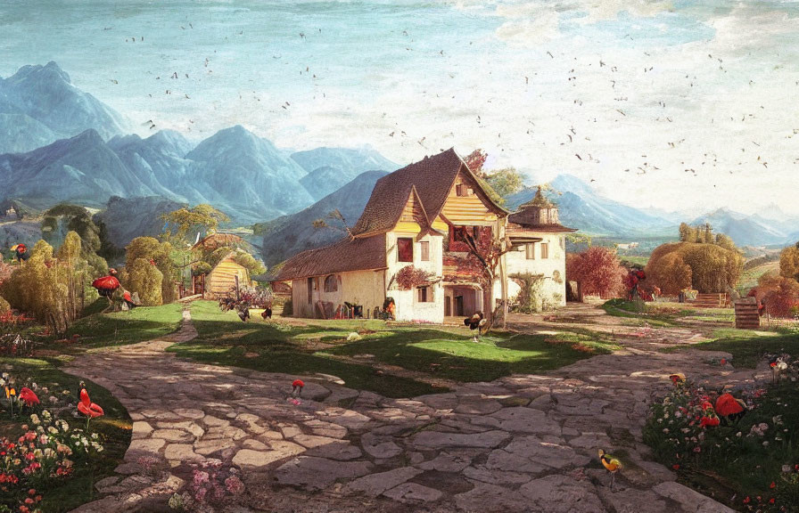 Scenic landscape with red-roofed house, flowers, mountains, and birds