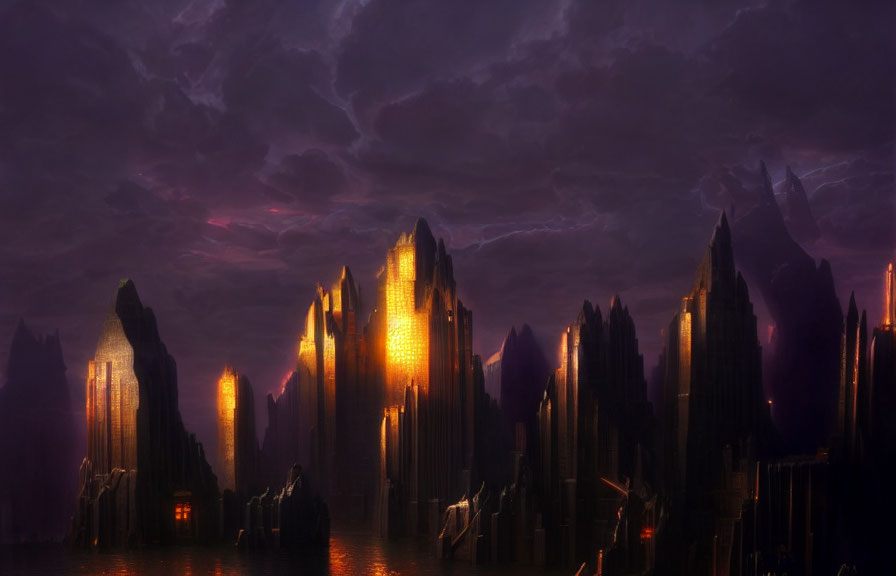 Dark cityscape with towering structures under stormy purple sky