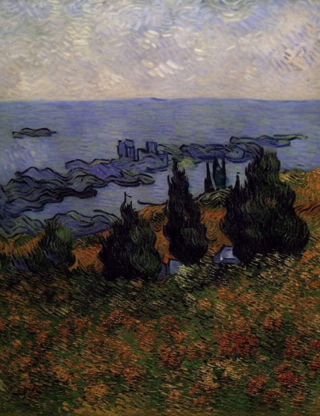 Post-Impressionist coastal scene with cypress trees, sea waves, and swirling sky