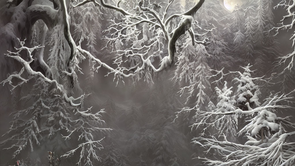 Snow-covered winter forest with twisted trees and soft light