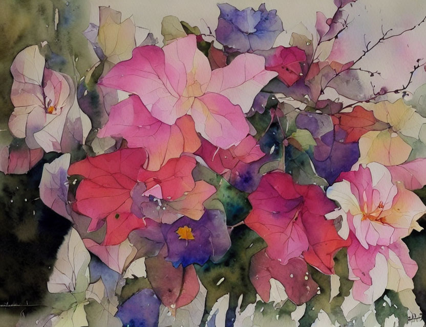 Vibrant multicolored flowers in watercolor painting
