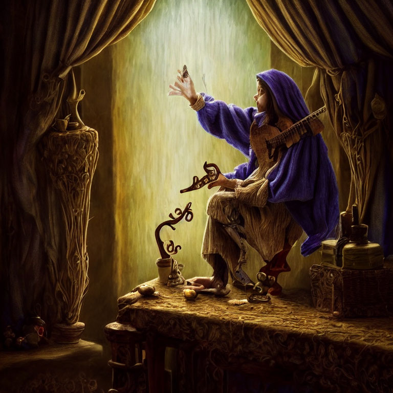 Person in Purple Cloak Playing Stringed Instrument in Richly Decorated Room