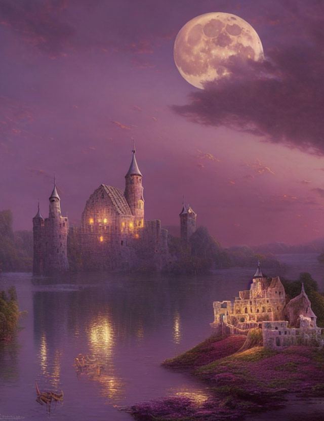 Moonlit Castle Overlooking Lake and Village with Deer