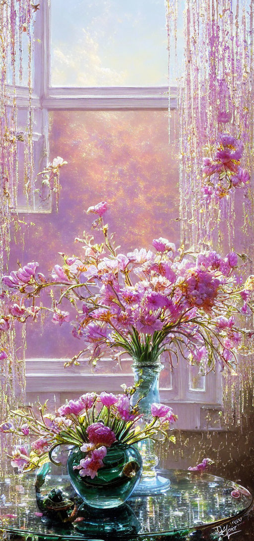 Colorful painting of pink flowers in a vase with sunlight and wisteria.