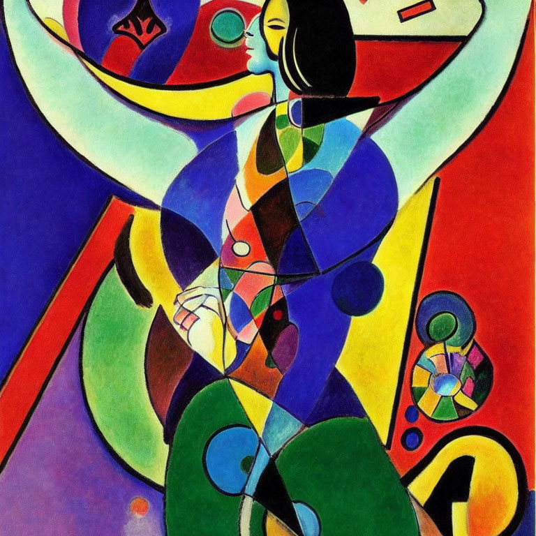 Vibrant abstract painting: stylized female figure with colorful geometric shapes