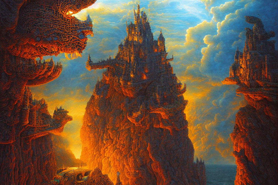 Fantastical landscape with ornate castles on soaring cliffs under an orange sky