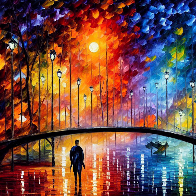 Colorful painting of person walking to bridge under kaleidoscopic sky