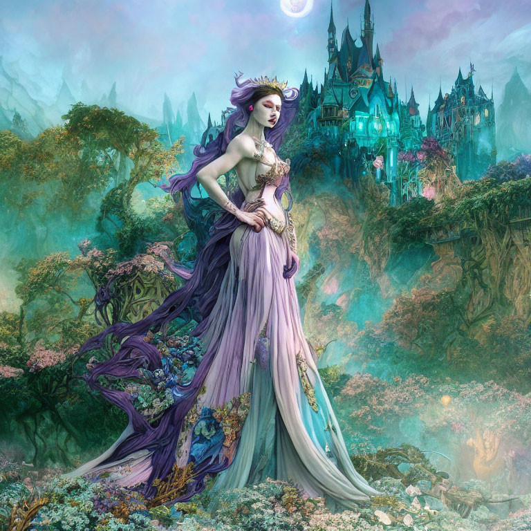 Fantasy Artwork: Elf Queen in Purple Gown in Mystical Forest