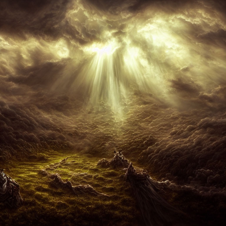 Dramatic Clouds and Sunbeams Over Grassy Landscape