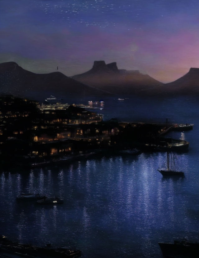 Coastal Night Scene with Illuminated Buildings, Boats, and Mountains