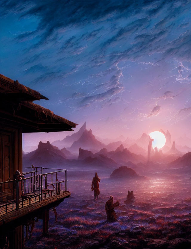 Two individuals in surreal landscape with purple skies and setting sun.