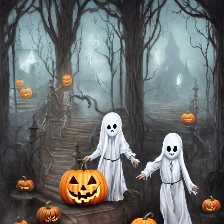 Ghostly figures with pumpkins in spooky forest scene.