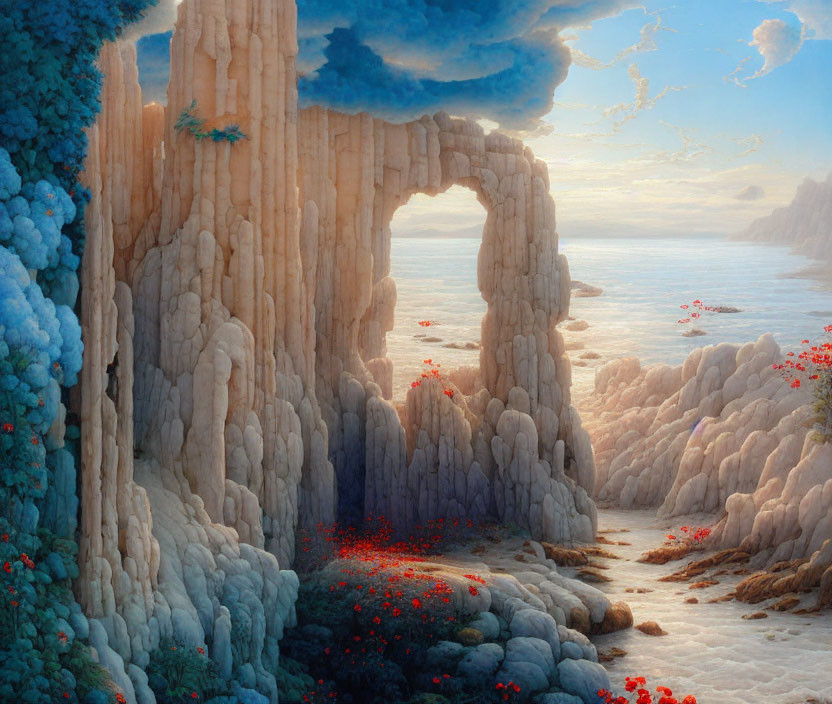 Fantastical landscape with rock formations, natural arch, blue foliage, red flowers, tranquil shoreline,