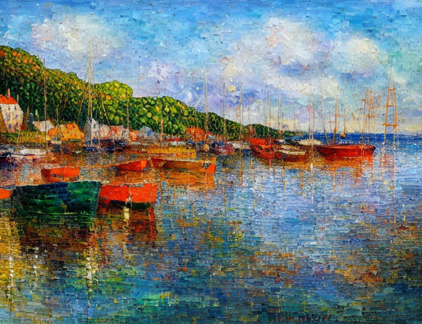Vibrant Impressionist Harbor Scene with Boats and Greenery