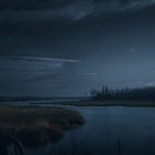 Ship navigating stormy seas near rocky coast under dark sky