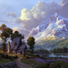 Colorful Landscape Painting with Forest, House, Hills, and Purple Mountains