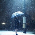 Person with umbrella in rainy neon-lit cityscape at night