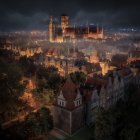 Gothic castle on cliff in mystical forest under moonlit sky