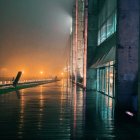 Futuristic cityscape at dusk with skyscrapers and neon signs