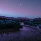 Serene night landscape with star trails, river reflection, silhouetted trees