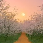 Colorful Blossoming Trees Reflecting in Serene River at Sunset