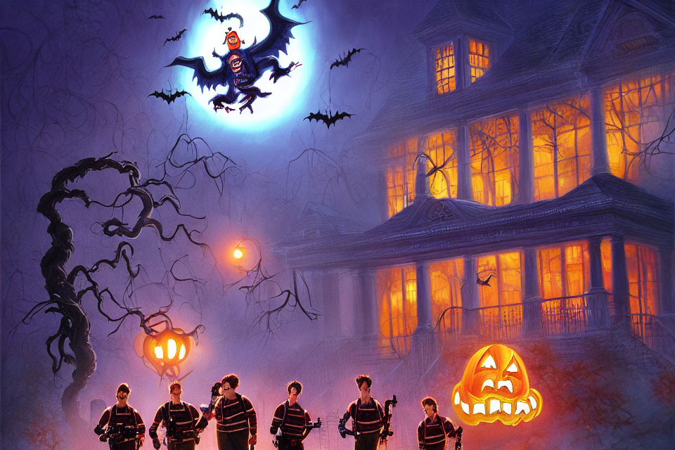 Spooky haunted house with ghostbusters, glowing pumpkin, and bat-like figures