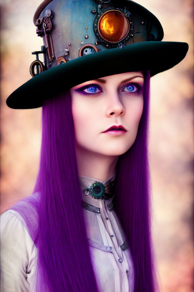 Vibrant purple hair and blue eyes in steampunk attire