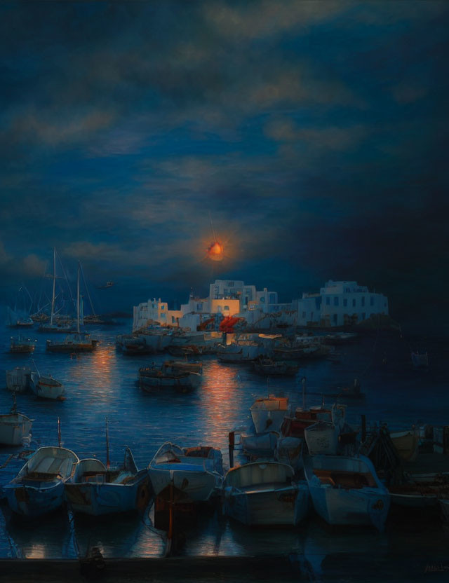 Harbor twilight scene with boats and coastal buildings at sunset