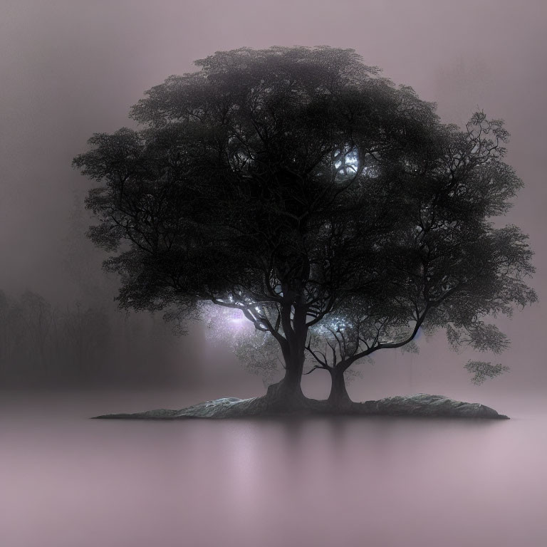 Ethereal landscape: solitary tree on misty mound with soft light