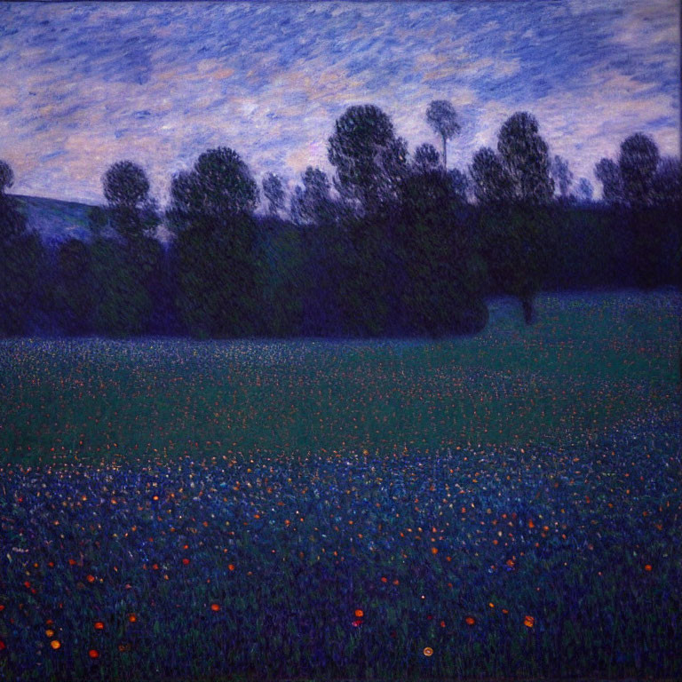 Vibrant twilight landscape with stars, green trees, and orange flowers