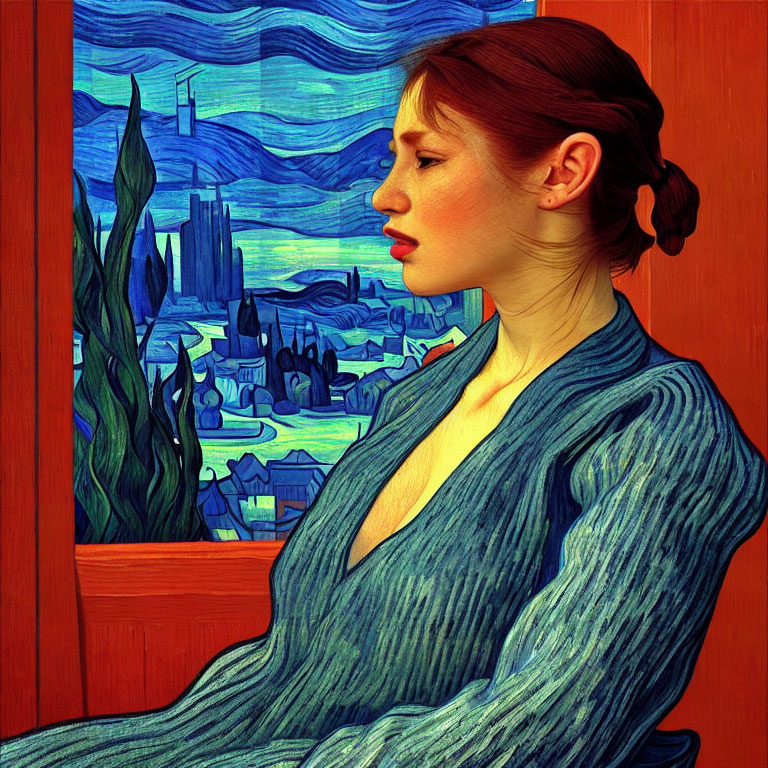 Vibrant portrait of pensive woman by window with cityscape view