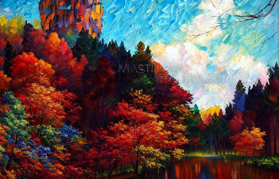 Colorful autumn forest painting with castle under blue sky
