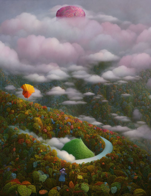 Colorful surreal landscape with floating island and figure under umbrella