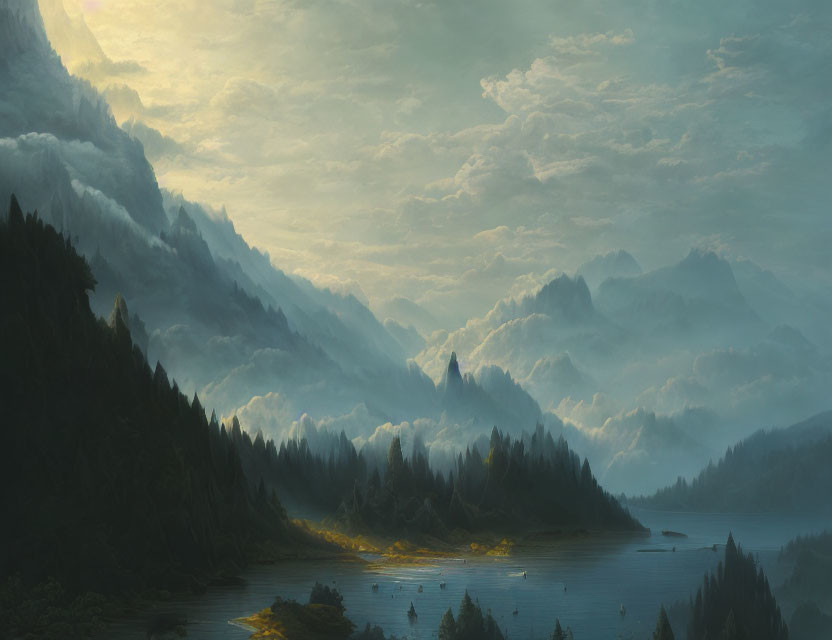 Serene dawn or dusk mountainous landscape with lake, forests, hills, and sunlit clouds