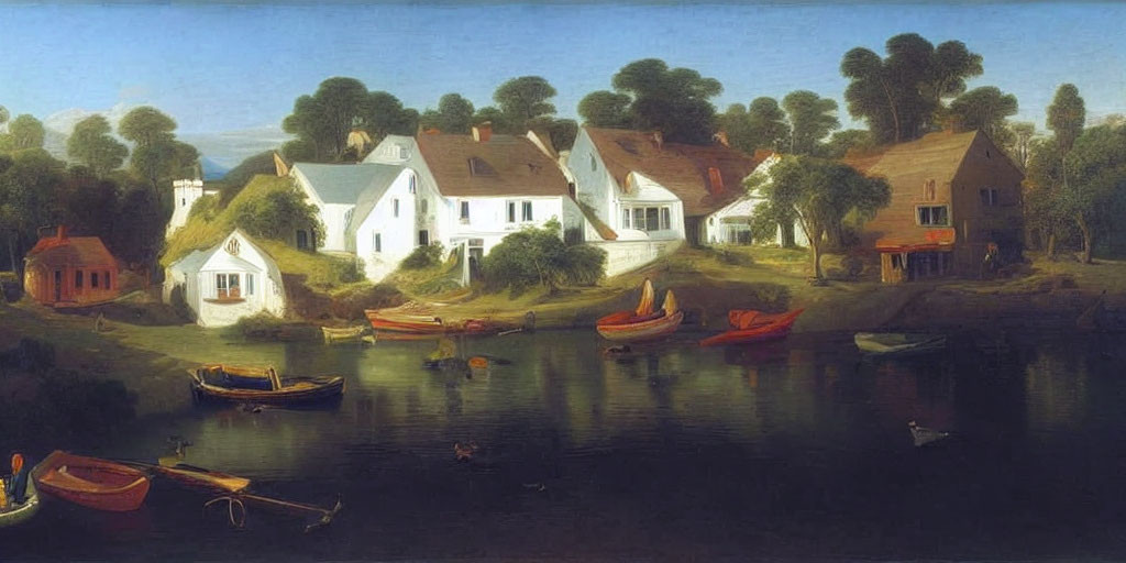 Scenic riverside view: white houses, greenery, boats, reflections, clear sky