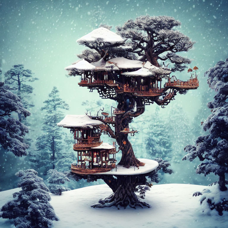 Snow-covered pine tree treehouse in serene winter forest