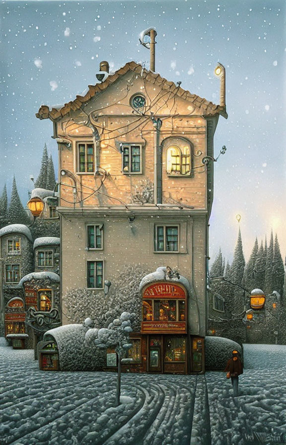 Three-story illuminated building with shop in snowy landscape