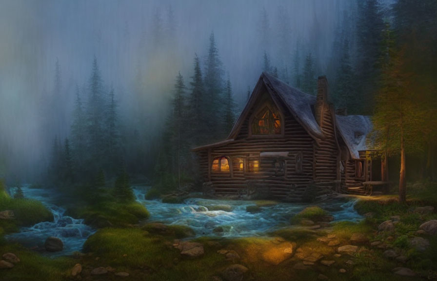 Tranquil Twilight Scene: Wooden Cabin by Stream in Misty Evergreen Forest