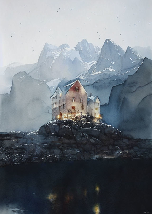 Watercolor painting of warmly lit house on rocky shore with misty mountains and dusky sky